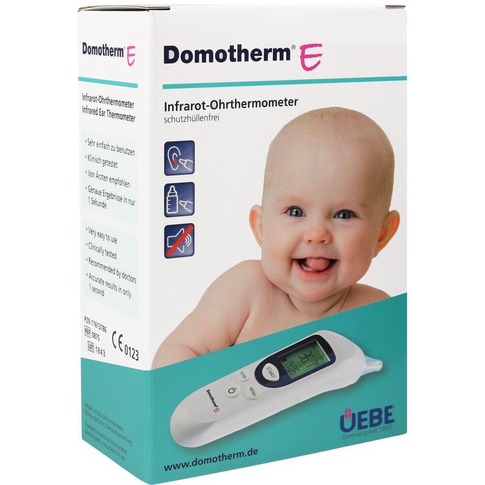 Eine Verpackung mit einem Baby und einem Infrarot-Ohrthermometer auf der Vorderseite.