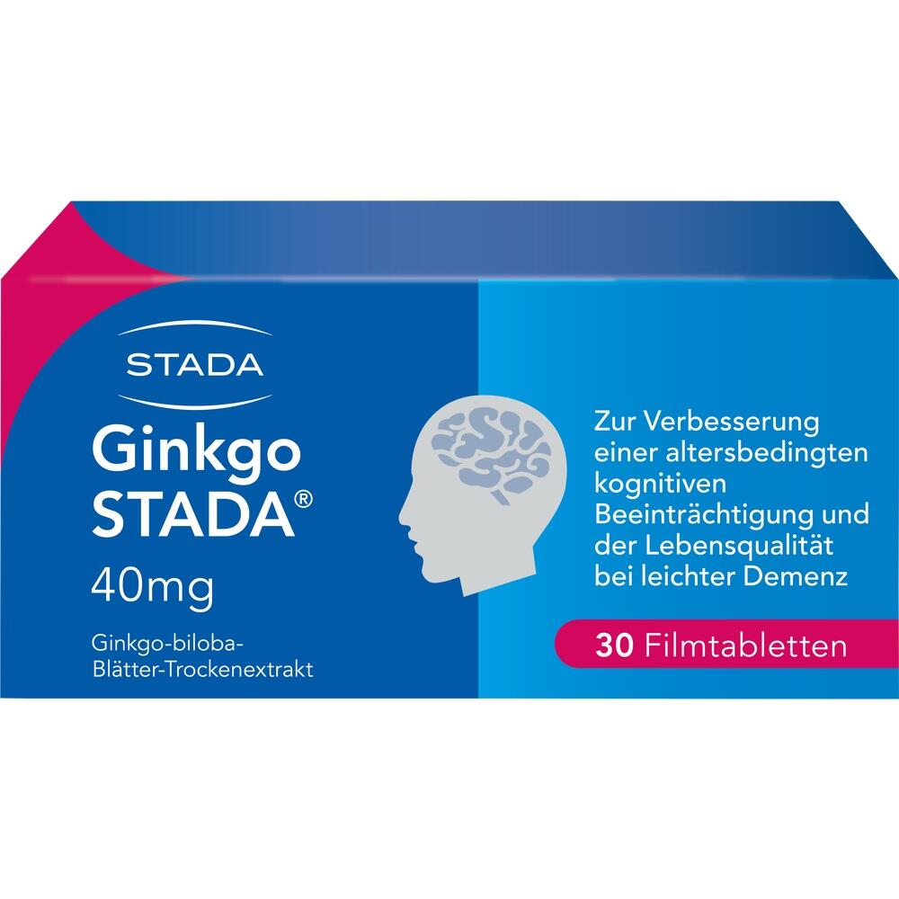 Packung Ginkgo STADA Tabletten zur Unterstützung bei leichter Demenz.