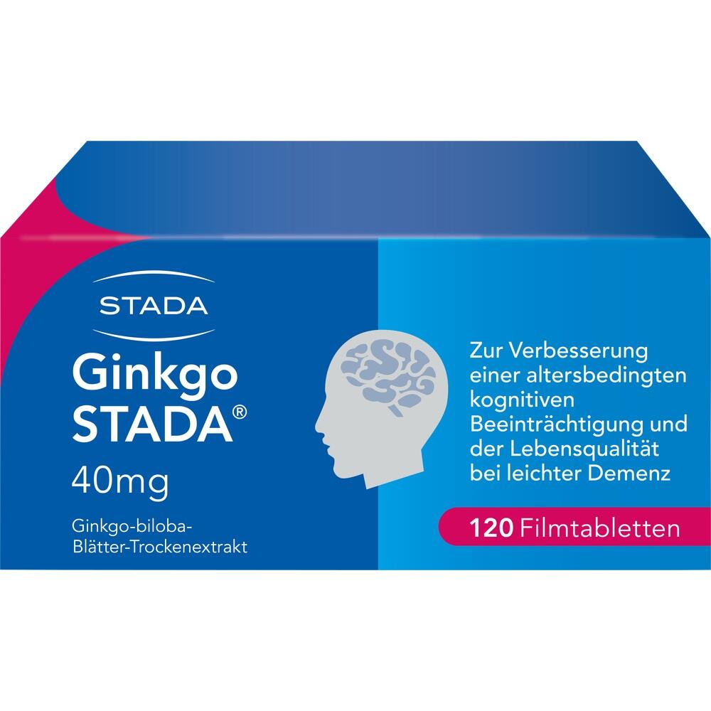 Verpackung von Ginkgo STADA mit 120 Filmtabletten zur Unterstützung der kognitiven Gesundheit.