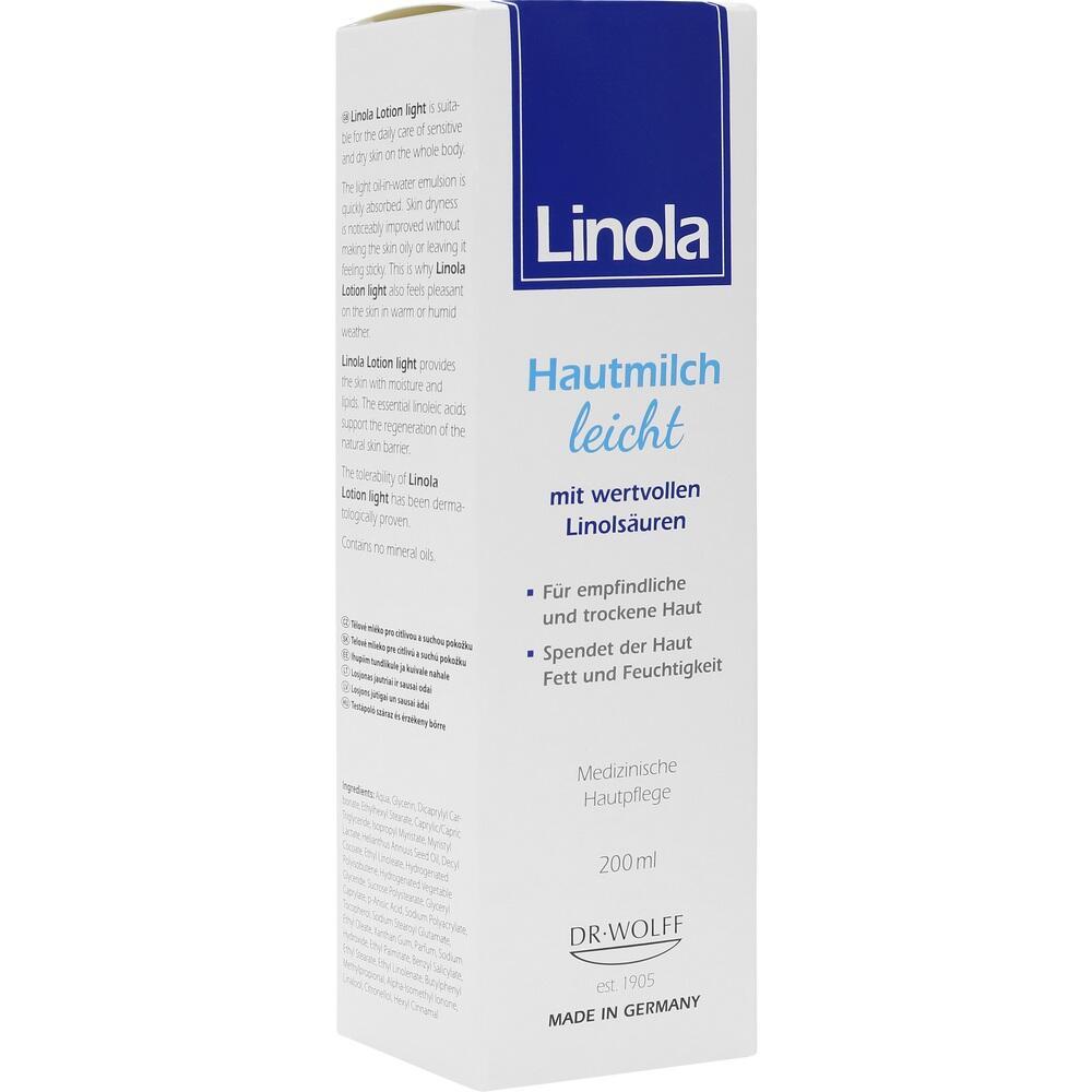 Weiße Verpackung mit blauer Aufschrift für Linola Hautmilch, 200 ml für trockene Haut.