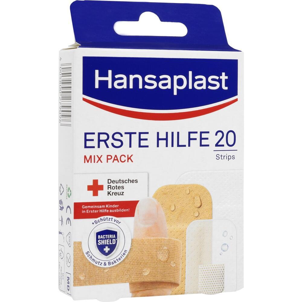 Eine Packung Pflaster mit 20 Streifen von Hansaplast, unterstützt vom Deutschen Roten Kreuz.