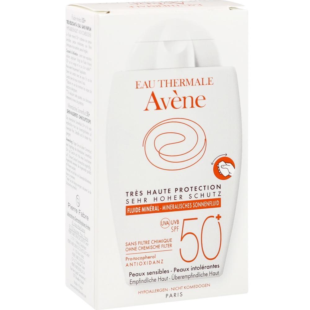 Sonnencreme von Avène mit Lichtschutzfaktor 50+ in einem weißen Karton.