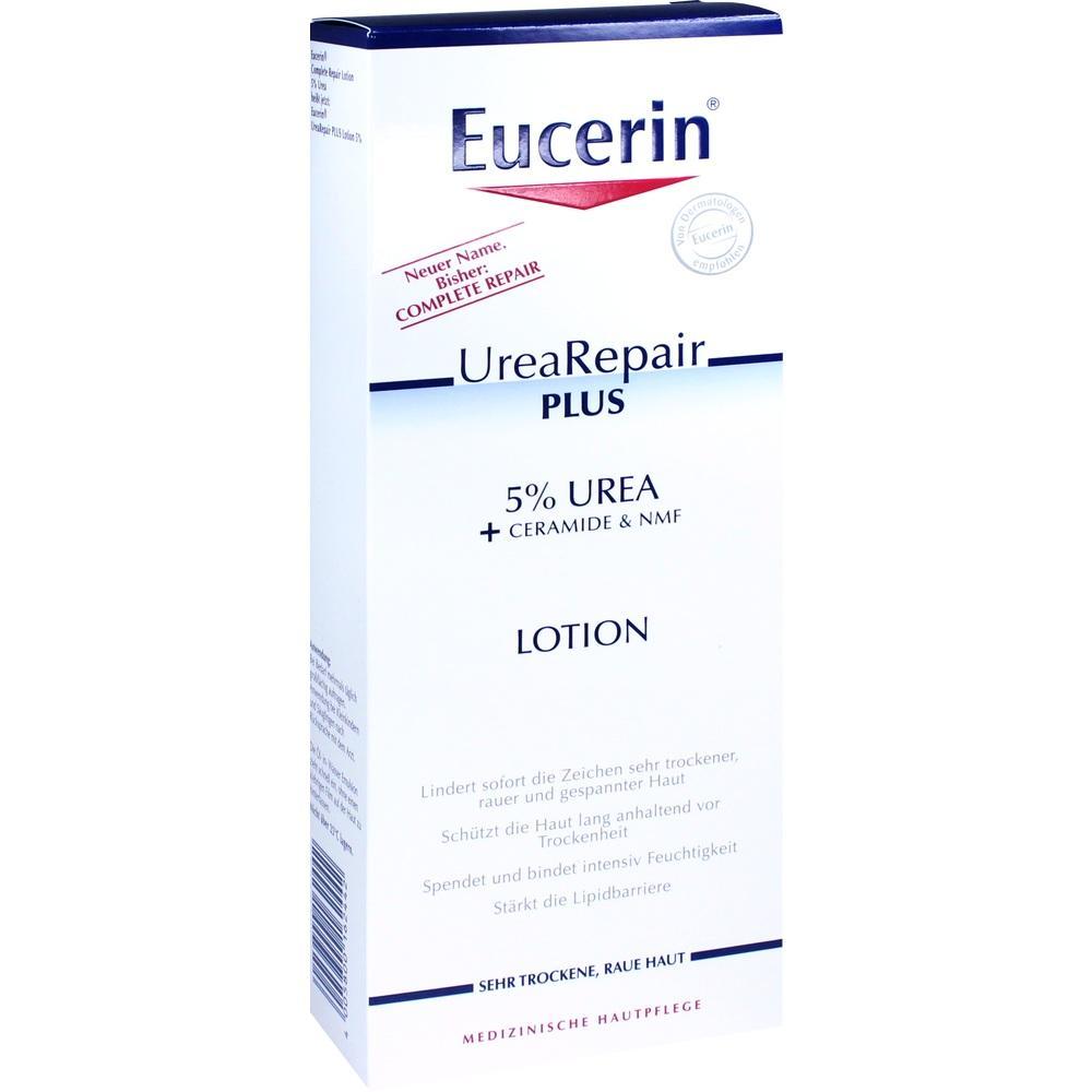 Dies ist eine Packung Eucerin UreaRepair Plus Lotion für trockene Haut.