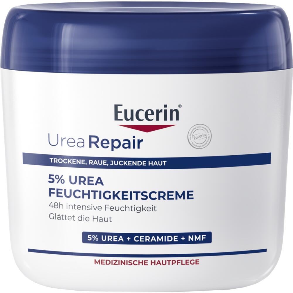 Blau-wei&szlig;e Dose einer Feuchtigkeitscreme f&uuml;r trockene Haut von Eucerin.