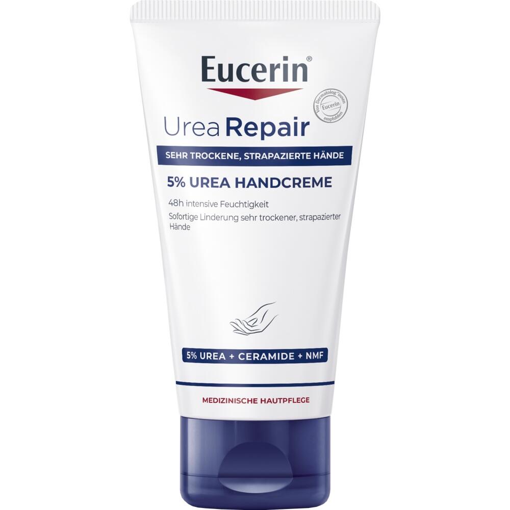 Wei&szlig;es Handcreme-Tube mit blauer Kappe und Aufschrift "Eucerin Urea Repair".