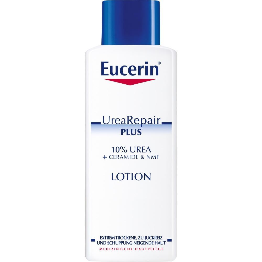 Weiße Flasche mit blauer Schrift: Eucerin UreaRepair Plus Lotion.