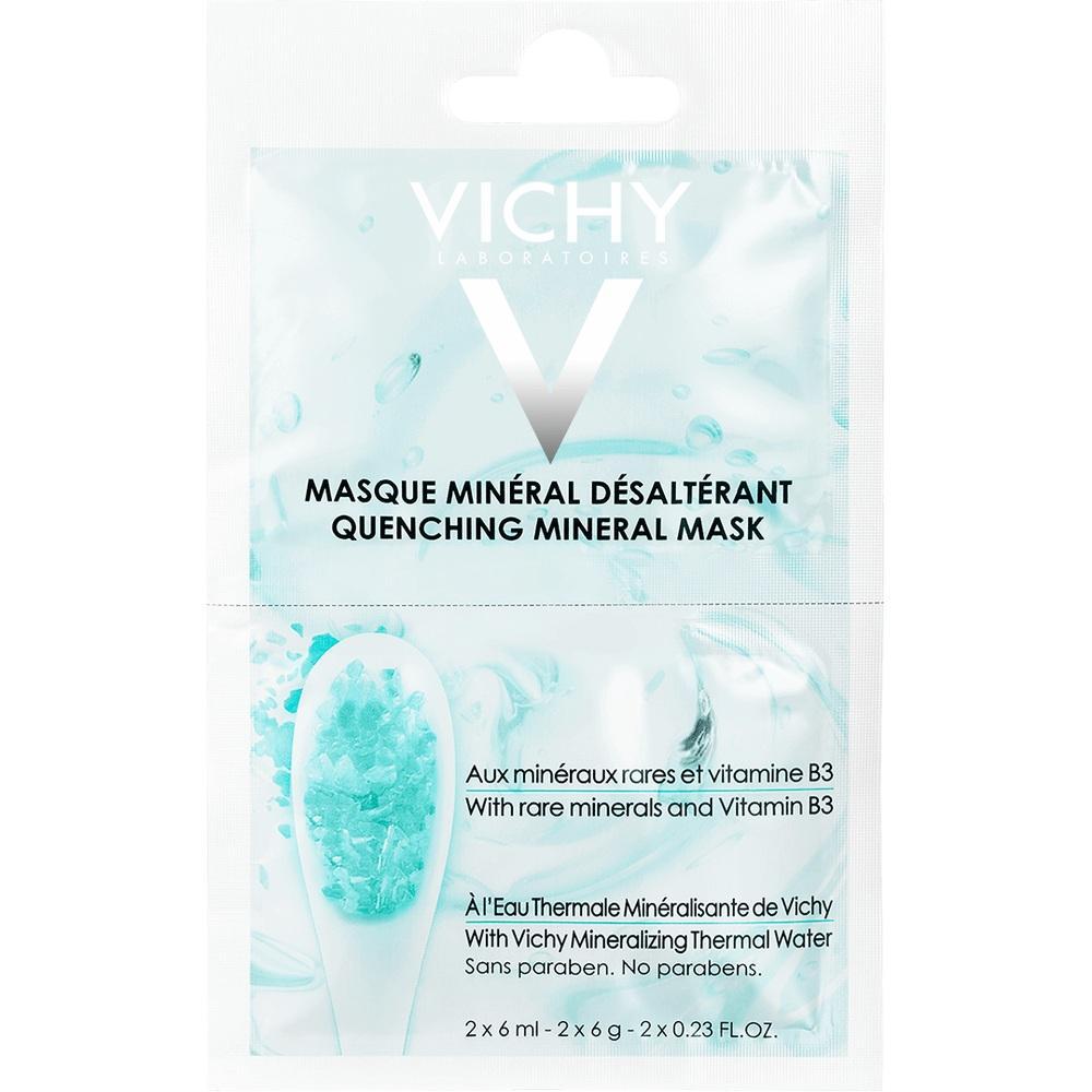 Verpackung einer Vichy Feuchtigkeitsmaske mit Mineralien und Vitamin B3.