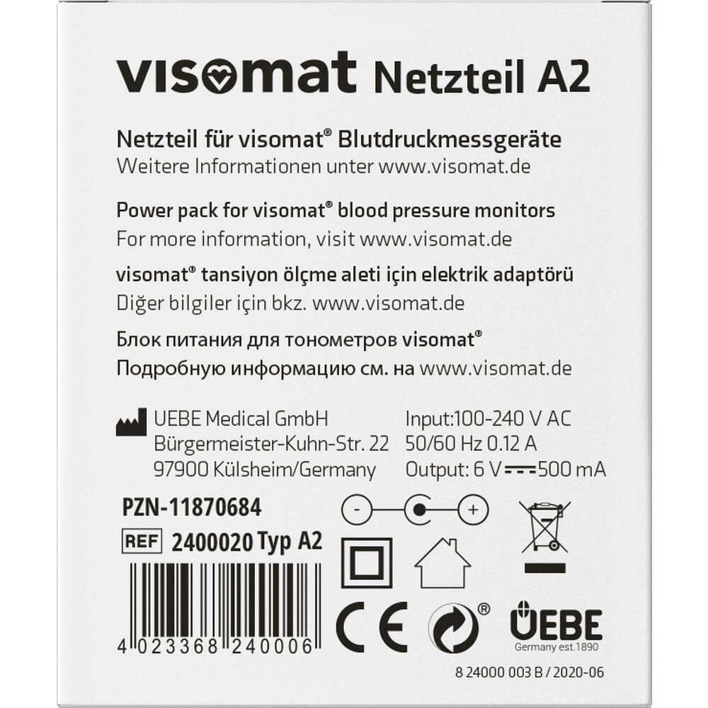 Verpackung eines Netzteils f&uuml;r visomat&reg; Blutdruckmessger&auml;te mit technischen Details.
