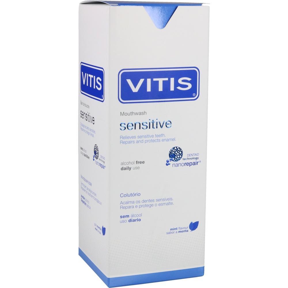 Wei&szlig;e Verpackung einer Mundsp&uuml;lung f&uuml;r empfindliche Z&auml;hne, Marke Vitis.