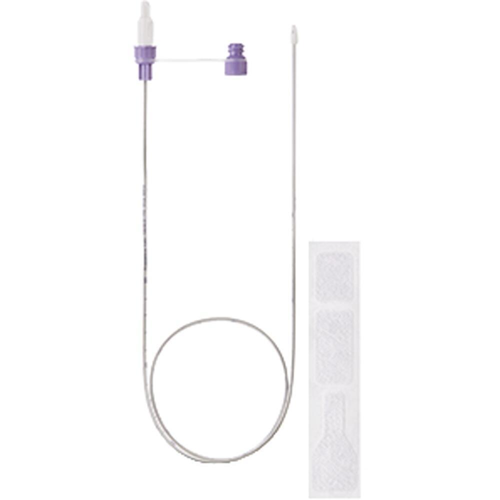 Ein medizinischer L&ouml;ffelkatheter mit violettem Anschluss und Pflaster.