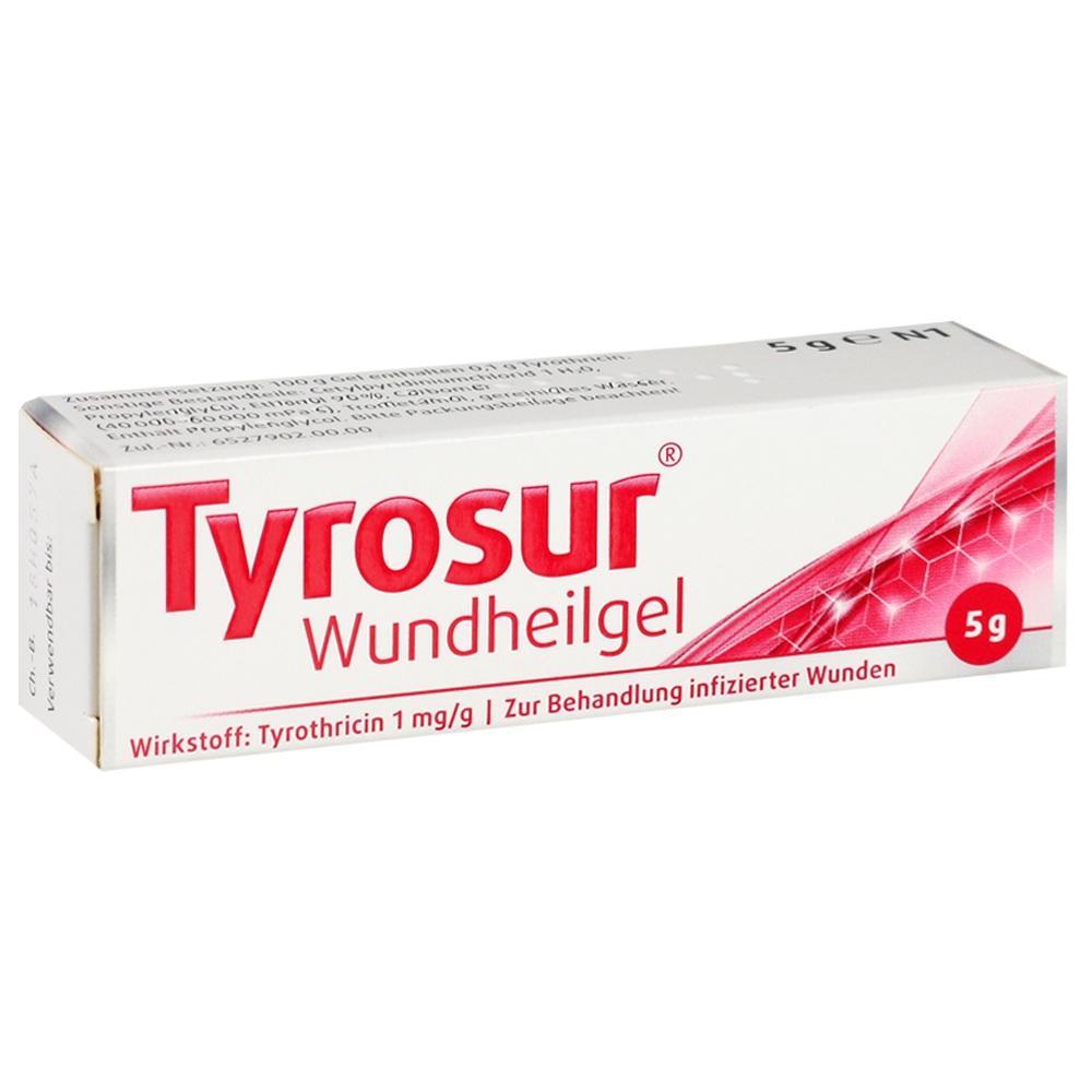 Wei&szlig;e Schachtel mit roter Aufschrift "Tyrosur Wundheilgel" f&uuml;r Wunden.