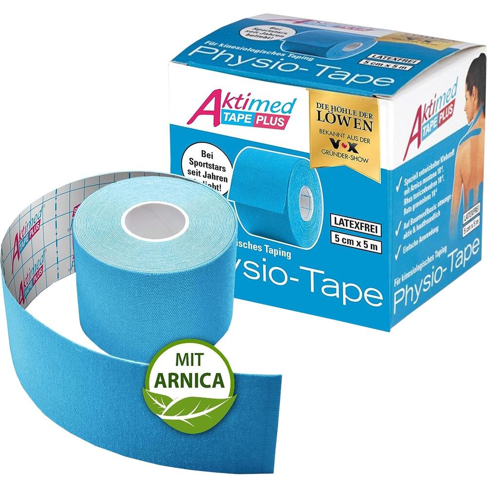 Blaue Rolle Physio-Tape mit Verpackung, auf der "mit Arnika" steht.