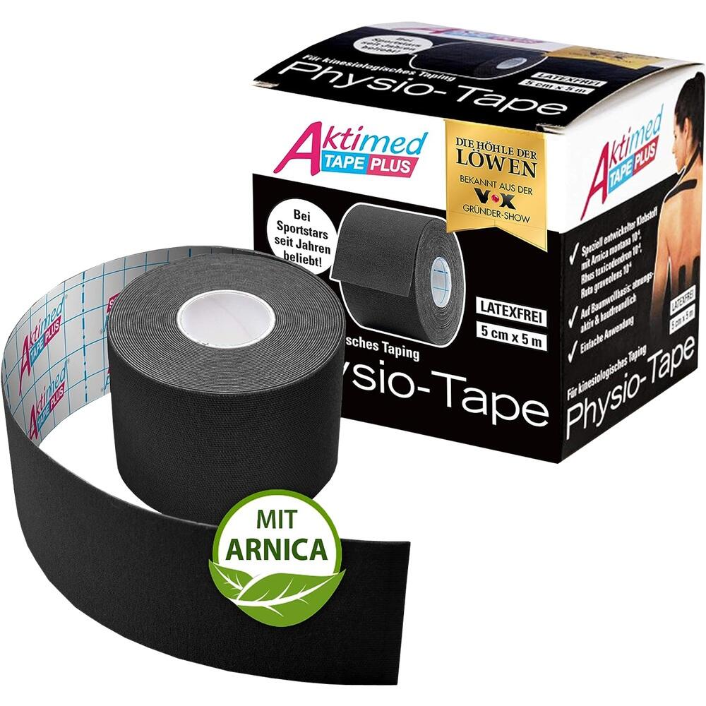 Eine Rolle schwarzes Physio-Tape liegt vor einer Produktverpackung.