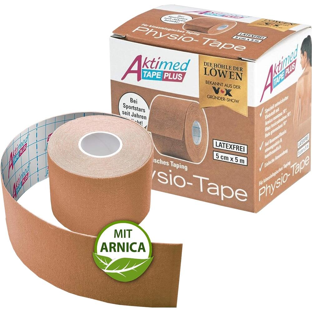 Eine Rolle Physio-Tape mit Arnica liegt vor einer passenden Verpackung.