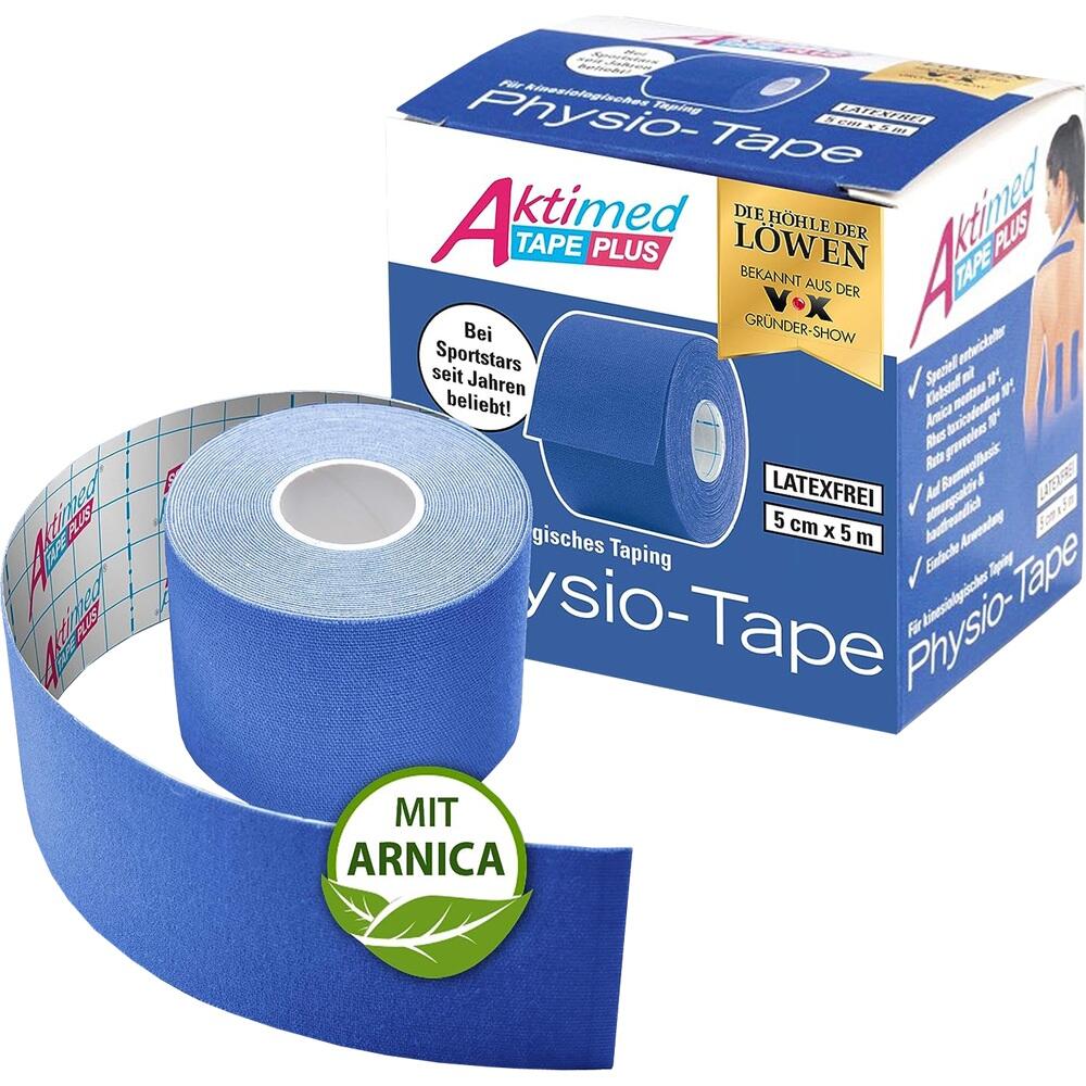 Eine blaue Rolle Physio-Tape mit Verpackung und Arnica-Hinweis.
