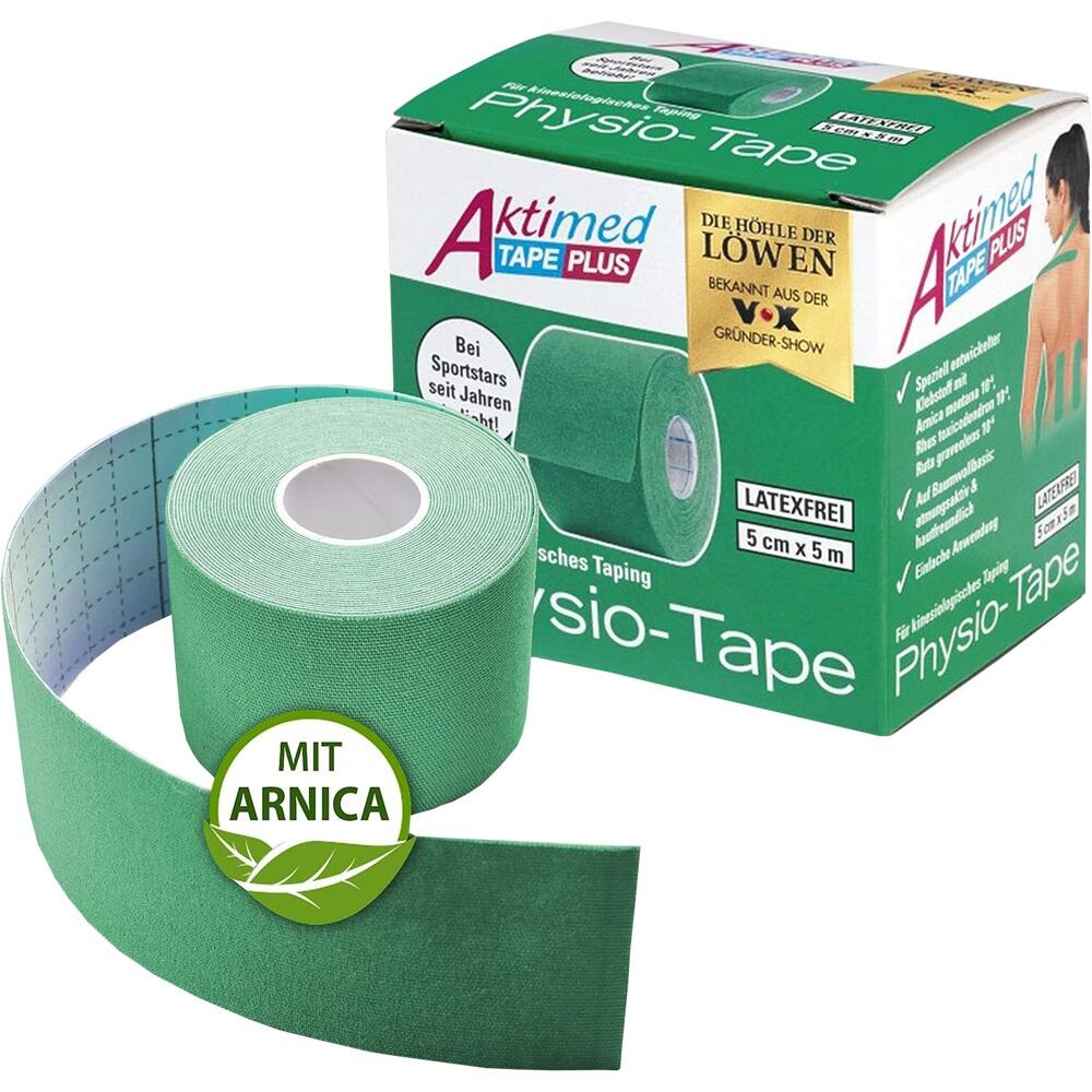 Gr&uuml;ne Rolle Physio-Tape neben der Verpackung mit Arnica-Hinweis.