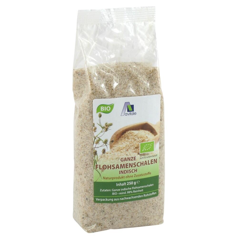 Eine Packung mit indischen Flohsamenschalen, zertifiziert als Bio-Produkt.
