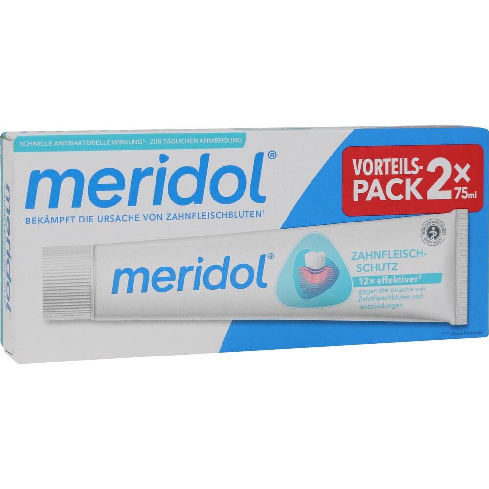 Eine Zahnpastatube von Meridol im Doppelpack gegen Zahnfleischentz&uuml;ndungen.