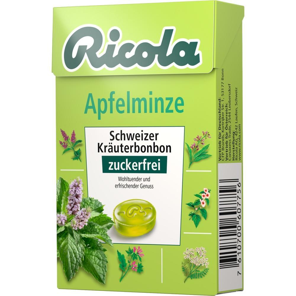 Grüne Packung Ricola Bonbons mit Apfelminzgeschmack und Kräutern.