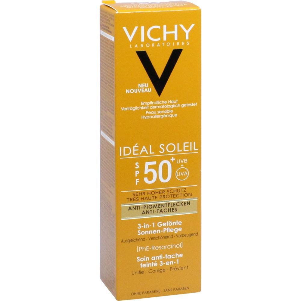 Gelbe Verpackung von Vichy Sonnenschutzcreme mit Lichtschutzfaktor 50+.