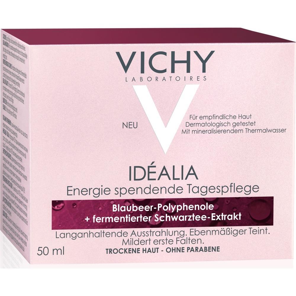 Eine rosa Verpackung einer Gesichtscreme von Vichy Id&eacute;alia f&uuml;r trockene Haut.