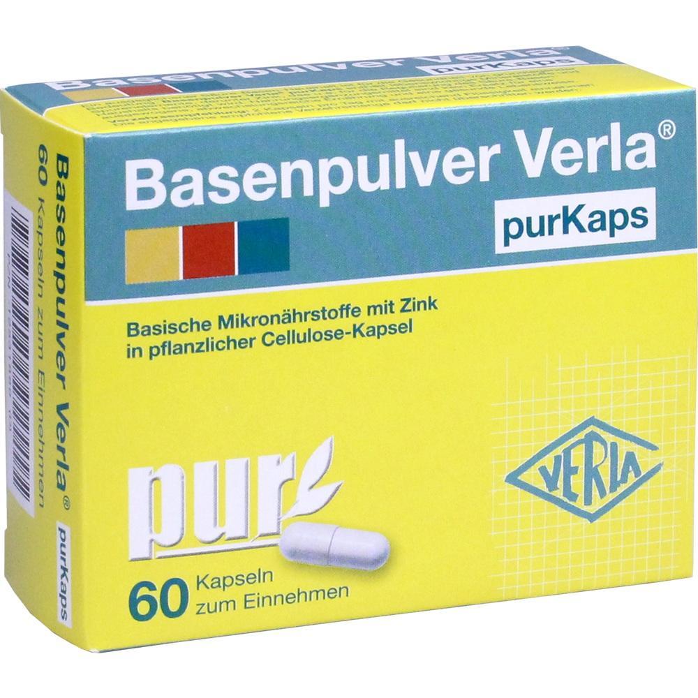 Gelbe Packung mit Basenpulver Kapseln und der Aufschrift "60 Kapseln zum Einnehmen".