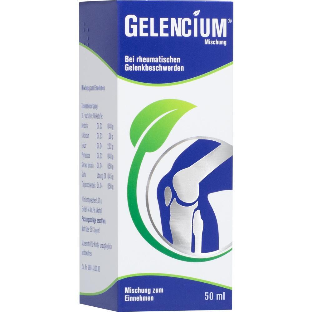 Eine Packung Gelencium, ein Mittel gegen Gelenkbeschwerden, mit gr&uuml;nem Blattmotiv.