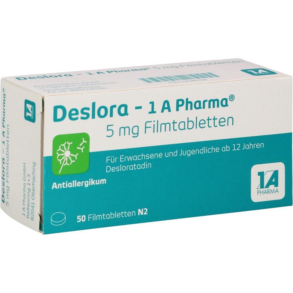 Verpackung von Deslora-1A Pharma 5 mg Filmtabletten gegen Allergien.