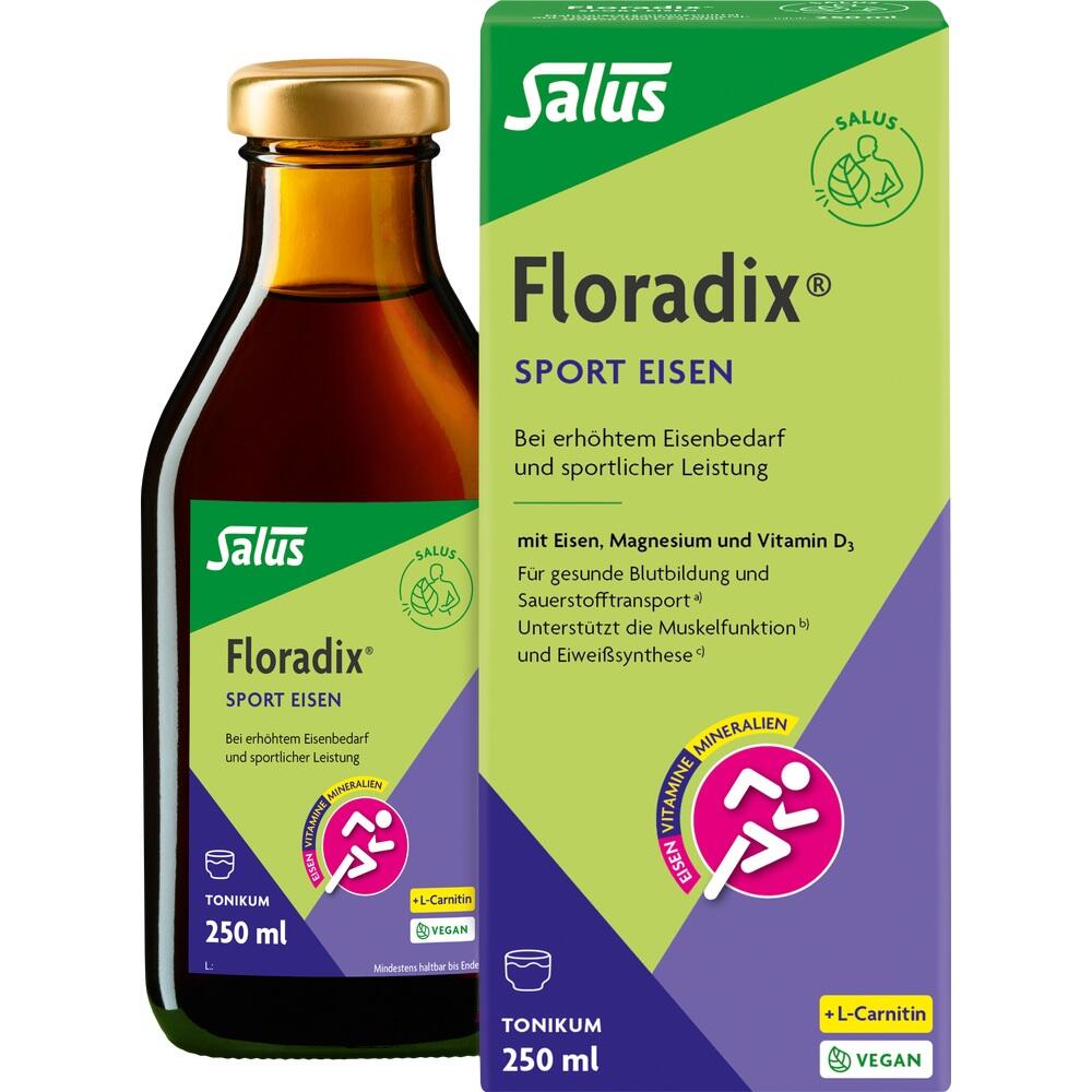 Eine Flasche und Packung mit dem Nahrungserg&auml;nzungsmittel Floradix Sport Eisen.