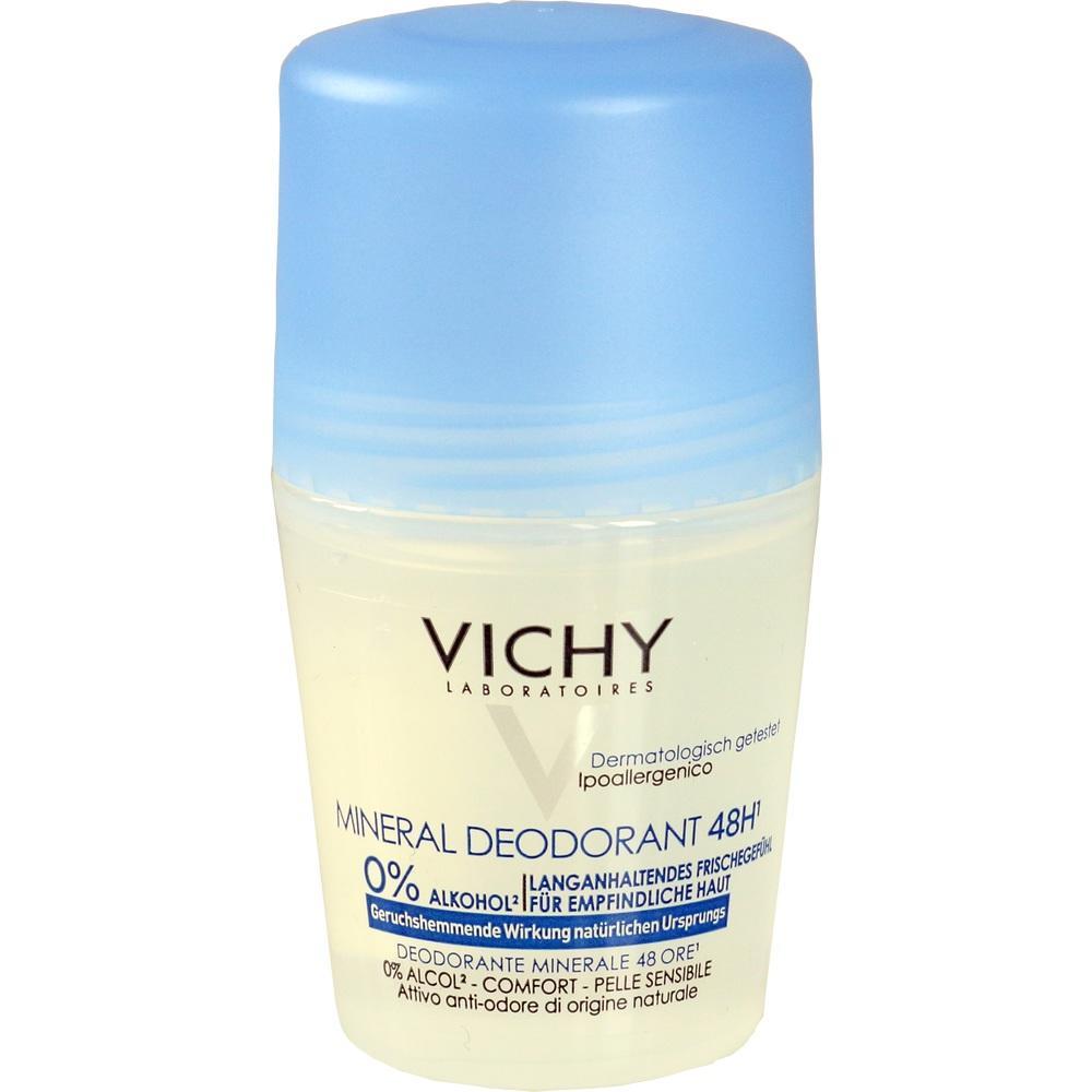 Eine Flasche Vichy Mineral Deodorant für empfindliche Haut mit blauem Deckel.