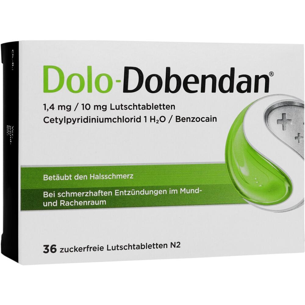 Verpackung von Dolo-Dobendan Lutschtabletten gegen Halsschmerzen.