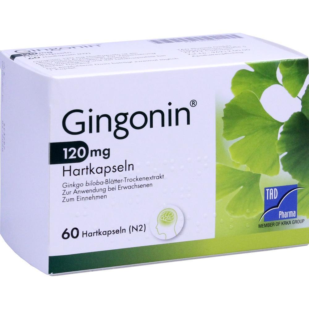 Eine Schachtel mit Gingonin 120 mg Hartkapseln ist abgebildet.