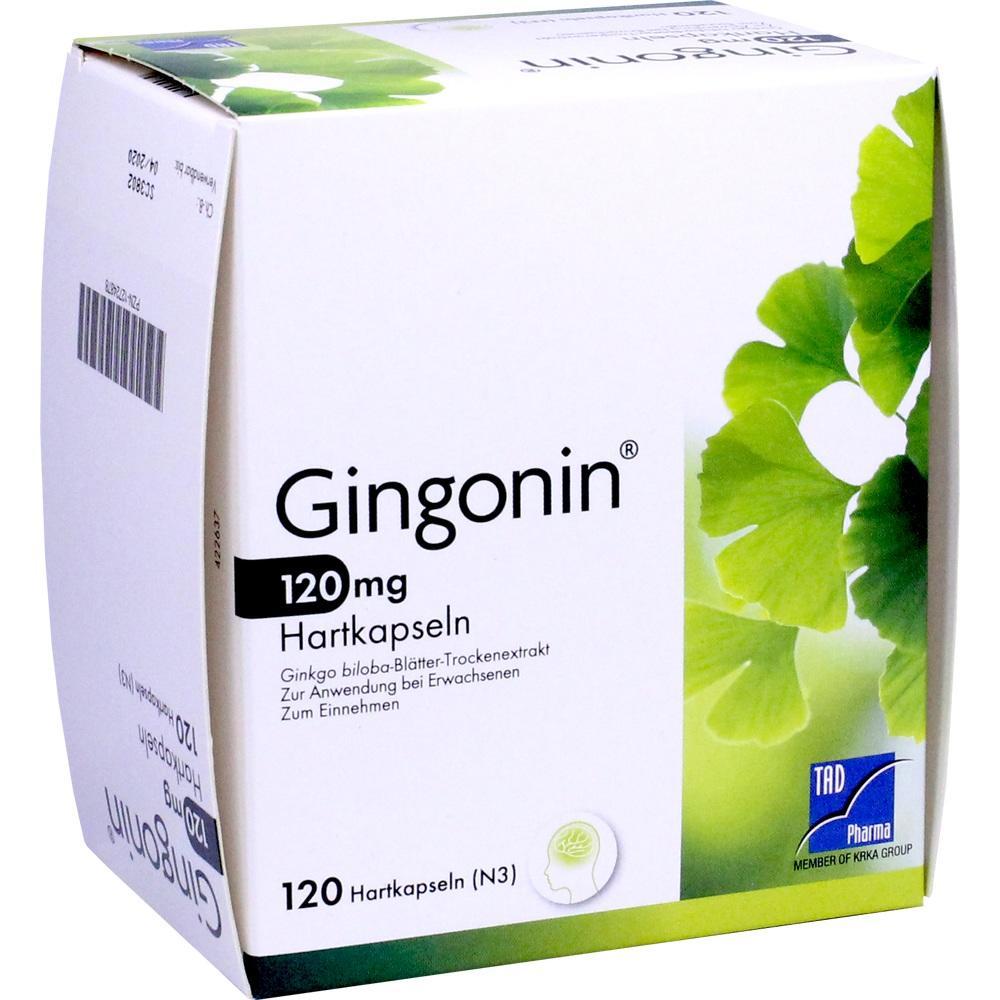 Weiße Packung mit der Aufschrift "Gingonin 120 mg" und grünen Blättern darauf.