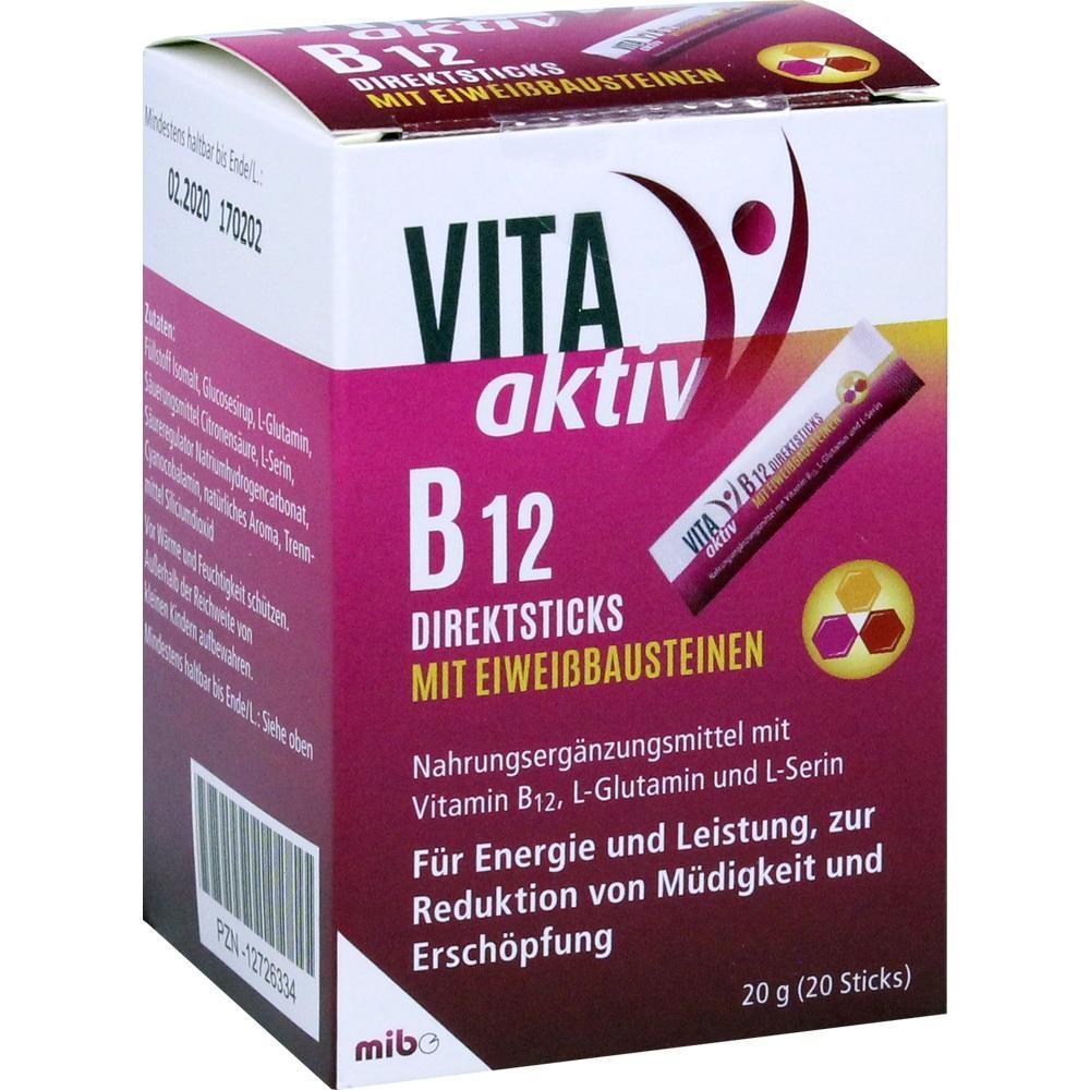 Eine Packung VITA aktiv B12 Direktsticks zur Reduktion von M&uuml;digkeit.