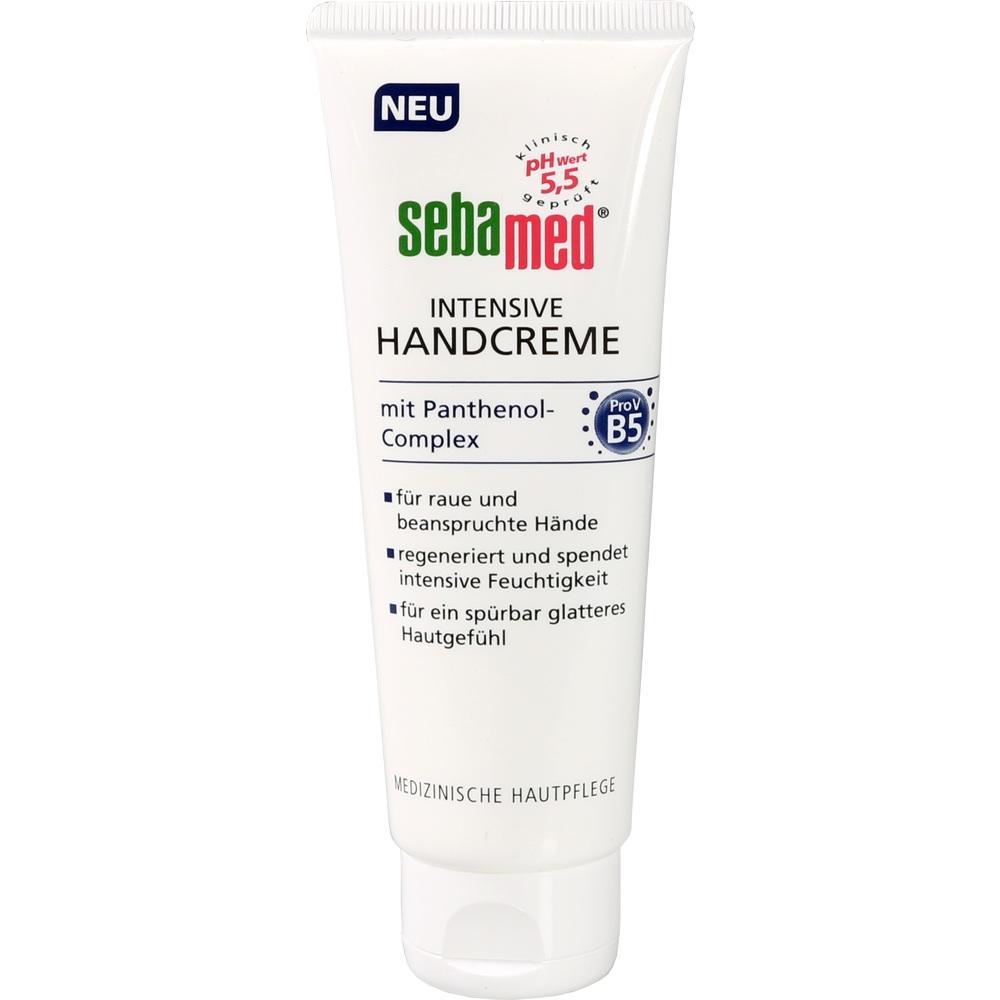 Wei&szlig;e Tube mit Aufschrift "Sebamed Intensive Handcreme" f&uuml;r trockene H&auml;nde.