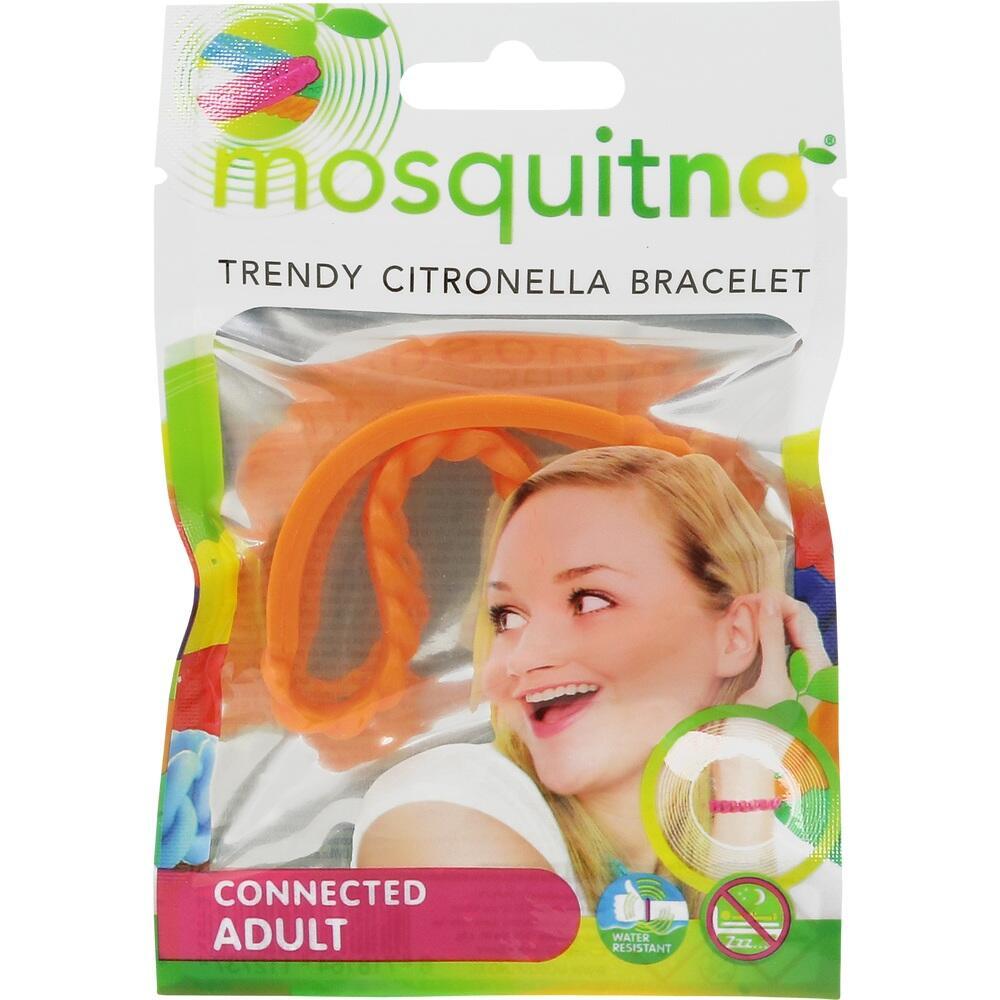 Verpackung eines orangenen Armbands mit Citronella gegen M&uuml;cken.