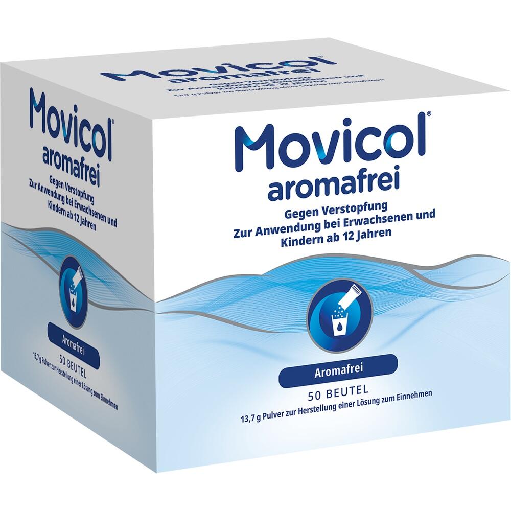 Wei&szlig;e Packung Movicol aromafrei, ein Mittel gegen Verstopfung, f&uuml;r Erwachsene und Kinder ab 12 Jahren.