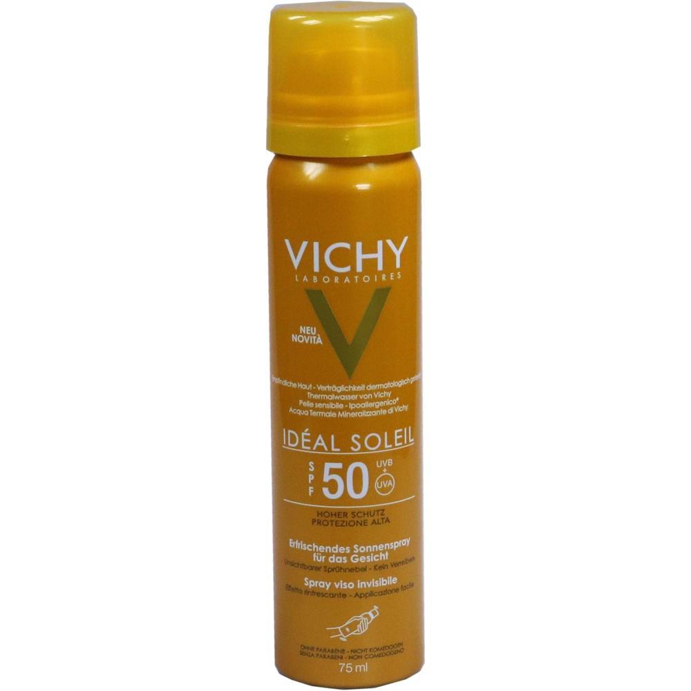 Gelbe Sprühflasche mit Sonnencreme von Vichy, Lichtschutzfaktor 50.
