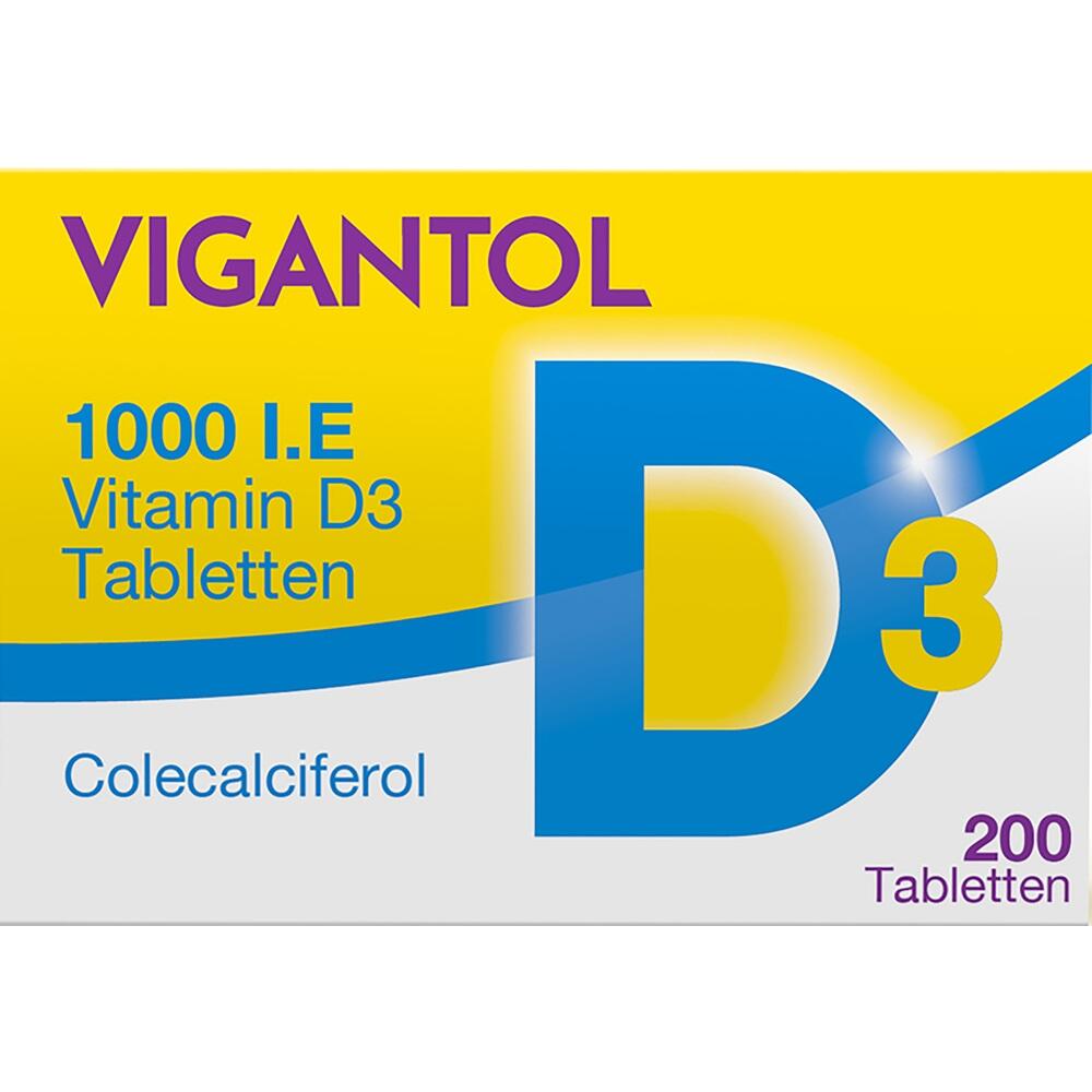 Gelbe Schachtel mit 200 Tabletten Vitamin D3, 1000 I.E.