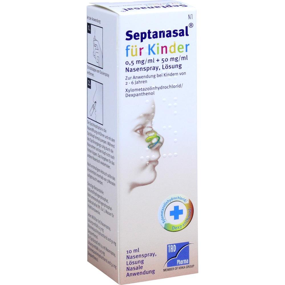 Verpackung von Septanasa Nasenspray für Kinder, mit Anwendungshinweisen.