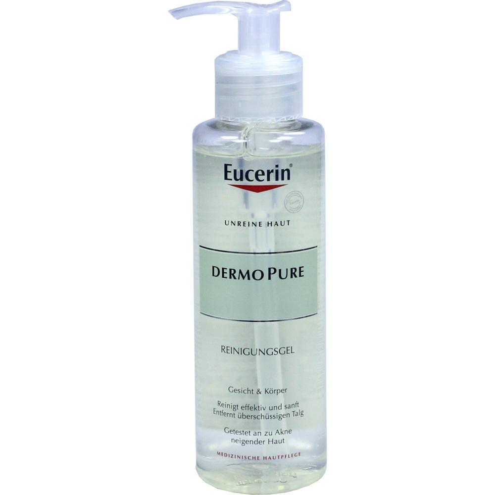 Durchsichtige Flasche mit Eucerin DermoPure Reinigungsgel und Pumpspender.