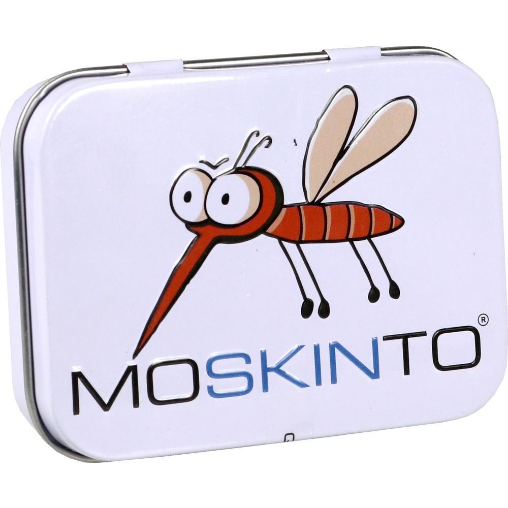 Eine runde Dose mit einem Cartoon-Moskito und dem Schriftzug "MOSKINTO".