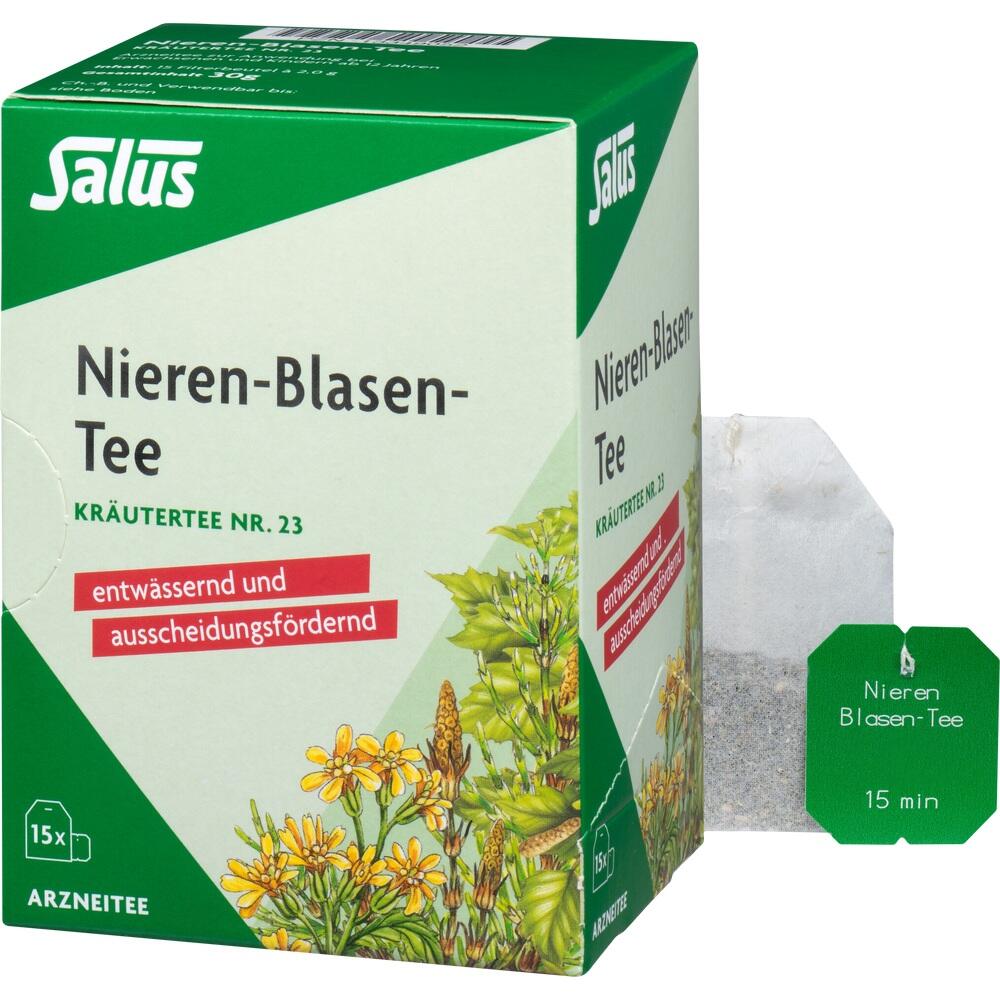 Gr&uuml;ne Teepackung mit der Aufschrift "Nieren-Blasen-Tee" und einem Teebeutel daneben.