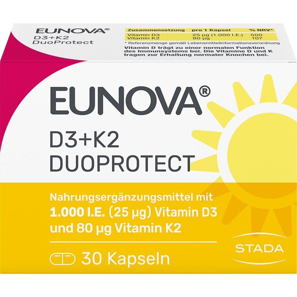 Weiße Verpackung mit Vitamin D3 und K2 Kapseln von EUNOVA, gelbes Sonnensymbol.