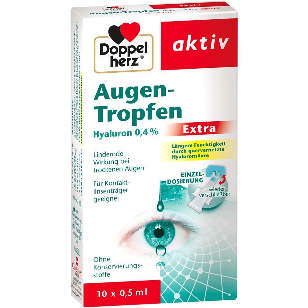 Verpackung für Augentropfen mit Hyaluron, lindernd bei trockenen Augen, geeignet für Kontaktlinsen.