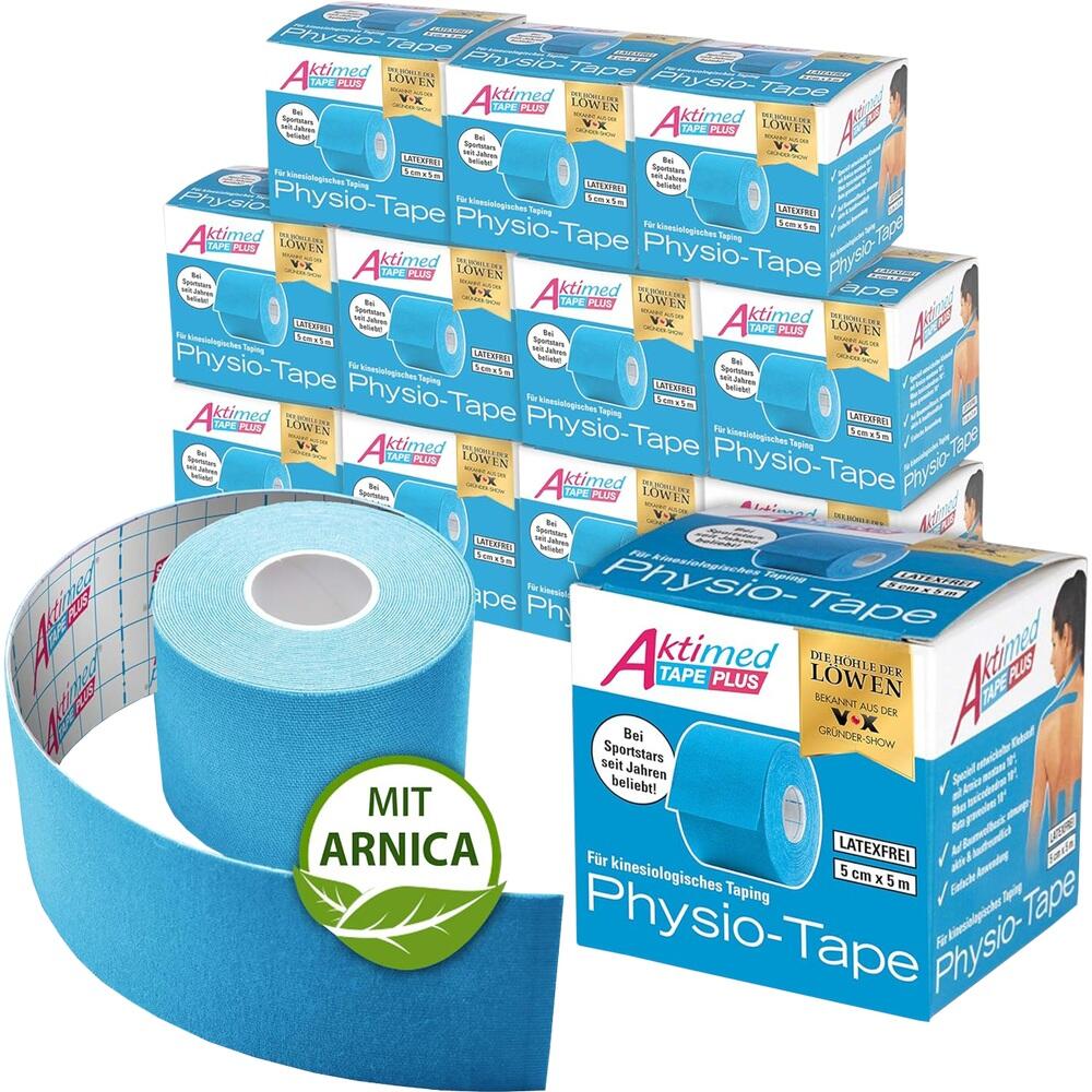 Eine Rolle blaues Physio-Tape in einer Verpackung mit vielen identischen Packungen im Hintergrund.