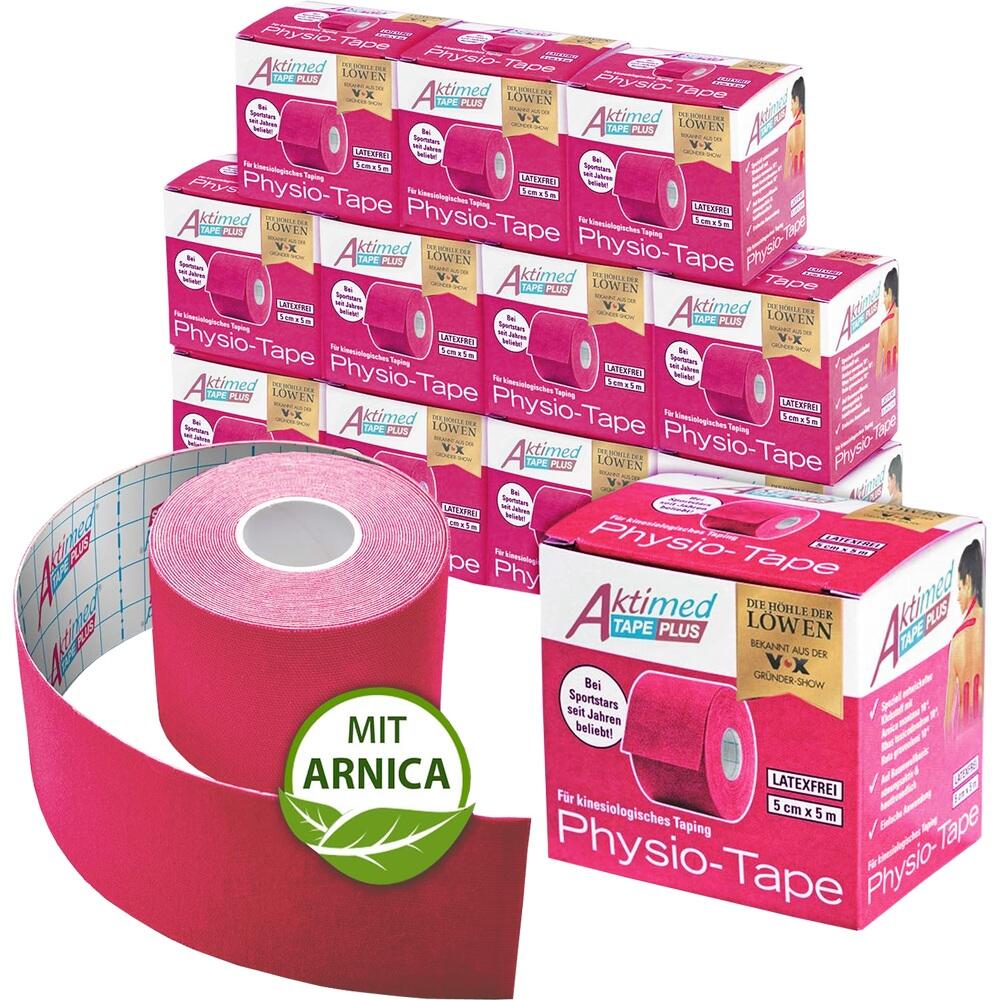 Mehrere rote Physio-Tape-Packungen und eine ge&ouml;ffnete Rolle mit "Mit Arnika"-Label.