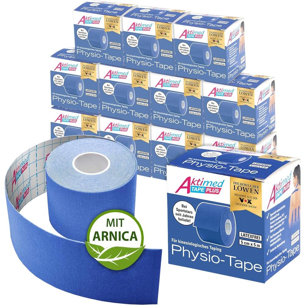 Mehrere blaue Rollen Physio-Tape mit Arnica in Verpackungen angeordnet.