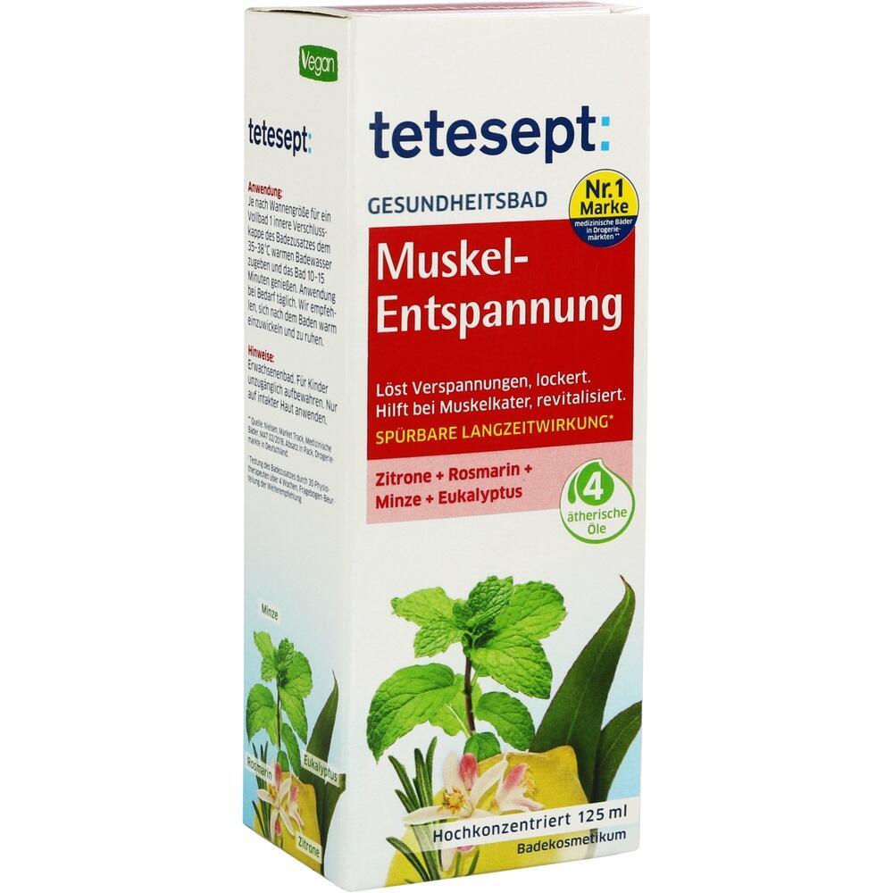 Verpackung eines Muskel-Entspannungsbads mit Zitronen-, Rosmarin-, Minz- und Eukalyptus&ouml;len.