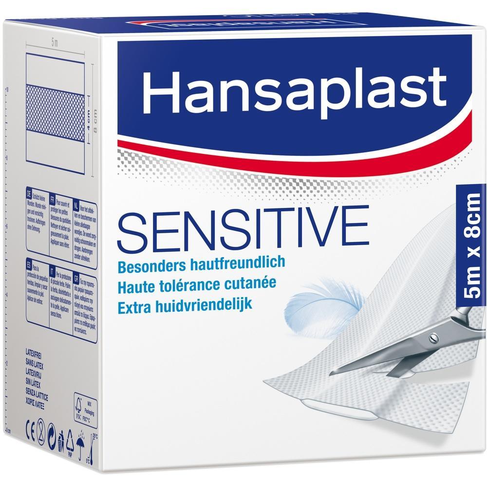 Weiße Verpackung mit blauen und roten Details und dem Wort "Hansaplast" oben.